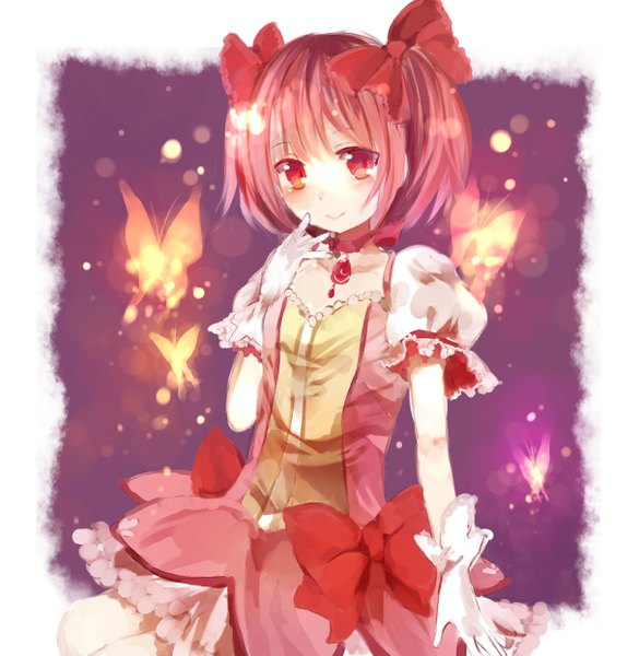 Anime picture 1214x1245 with mahou shoujo madoka magica shaft (studio) kaname madoka hachimitsu ame (phoenix) single tall image looking at viewer blush short hair red eyes twintails pink hair light smile short twintails girl dress gloves bow hair bow white gloves