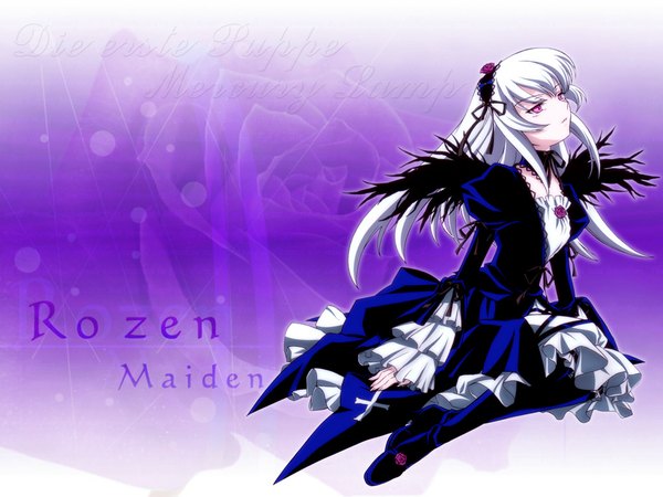 Anime picture 1024x768 with rozen maiden suigintou ishii kumi single sky white hair pink eyes wallpaper third-party edit gothic girl dress wings black dress