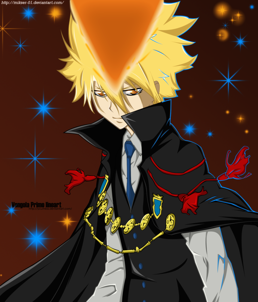 Anime picture 1706x2000 with katekyou hitman reborn vongola primo giotto gold-mk single tall image highres short hair blonde hair smile inscription orange eyes coloring magic red background boy necktie star (stars) cloak