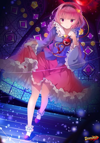 Anime picture 629x898 with touhou komeiji satori hitsukuya single tall image short hair pink hair pink eyes inscription red moon girl dress frills moon stairs eyeball stained glass