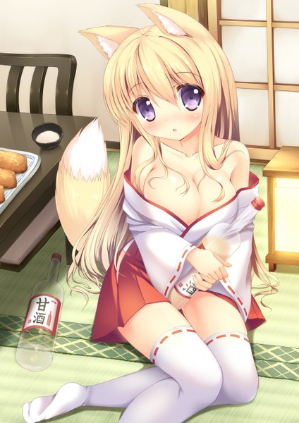 Anime picture 1000x1414 with original taiki ken single long hair tall image looking at viewer blush light erotic blonde hair purple eyes animal ears cleavage tail traditional clothes animal tail fox ears fox tail fox girl miko girl