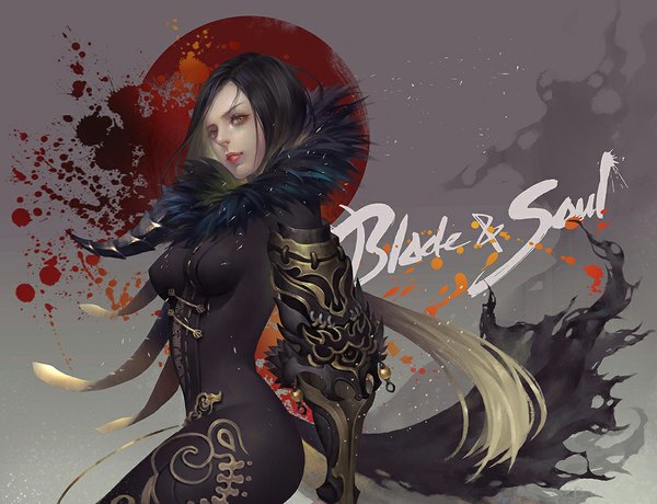 Anime picture 1072x822 with blade & soul rororei komiki roro single long hair breasts smile looking away multicolored hair light smile lips inscription two-tone hair official art girl bodysuit
