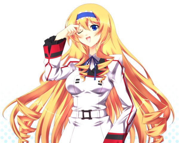 Anime picture 2560x2048 with infinite stratos 8bit cecilia orcott single long hair blush highres open mouth blue eyes blonde hair simple background white background one eye closed wink drill hair girl uniform school uniform hairband