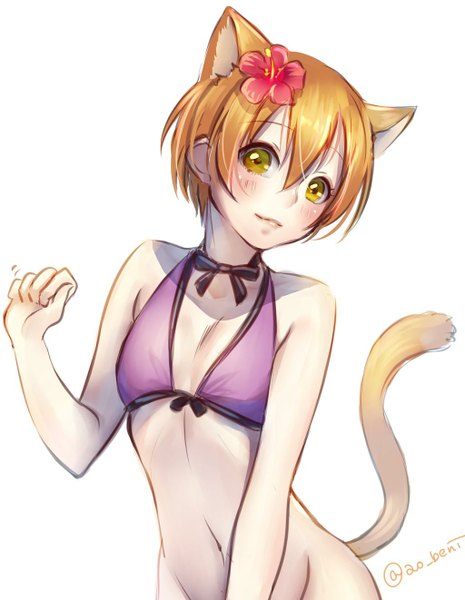 Anime picture 1024x1322 with love live! school idol project sunrise (studio) love live! hoshizora rin ao+beni single tall image looking at viewer blush short hair light erotic simple background white background animal ears yellow eyes tail animal tail hair flower cat ears orange hair