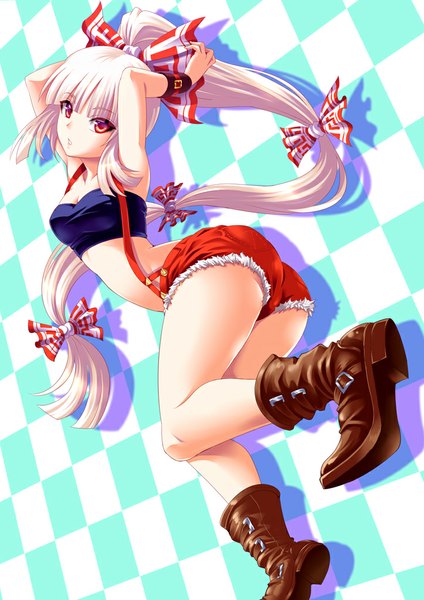 Anime picture 723x1023 with touhou fujiwara no mokou hijikawa arashi single tall image looking at viewer light erotic red eyes ass white hair ponytail very long hair checkered checkered background girl bow hair bow shorts boots wrist cuffs