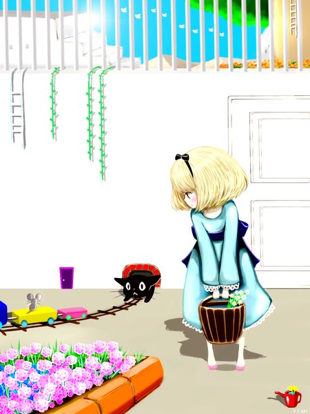 Anime picture 768x1024 with original mari (milkuro-cat) tall image blush short hair blonde hair standing looking away sky long sleeves profile sunlight shadow girl dress hair ornament flower (flowers) bow plant (plants) animal