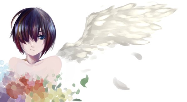 Anime picture 5264x2894 with original higepiyo single fringe highres short hair blue eyes simple background wide image white background absurdres purple hair multicolored hair hair over one eye topless single wing girl flower (flowers) petals