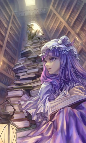 Anime picture 800x1333 with touhou kirisame marisa patchouli knowledge windyakuma long hair tall image blonde hair sitting multiple girls looking away purple hair indoors from below light looking up witch girl 2 girls window book (books)