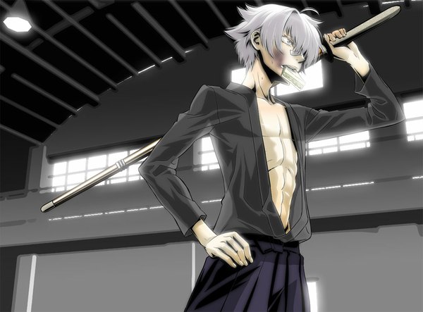 Anime picture 1024x757 with katekyou hitman reborn superbi squalo short hair white hair open clothes eating white eyes dirty boy weapon sword food bandaid scratch gym