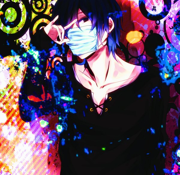 Anime picture 1012x982 with original yumeno23 single looking at viewer fringe short hair black hair bare shoulders black eyes hair over one eye glowing fox shadow puppet boy mask surgical mask