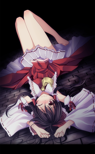 Anime picture 1000x1618 with touhou hakurei reimu s-syogo single long hair tall image blush black hair red eyes lying one eye closed barefoot wink arms up tears girl skirt bow hair bow detached sleeves