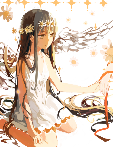 Anime picture 1181x1535 with mahou shoujo madoka magica shaft (studio) akemi homura zgxuke long hair tall image blush black hair smile sitting yellow eyes looking away barefoot hair flower sparkle wariza angel wings girl dress hair ornament