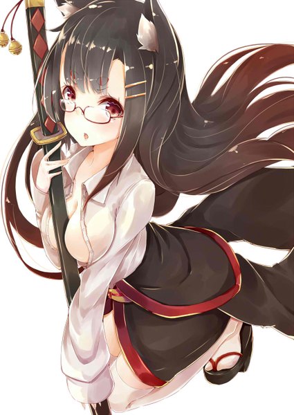 Anime picture 1000x1412 with original hiiragi yashiro long hair tall image looking at viewer blush fringe open mouth light erotic black hair brown eyes animal ears long sleeves cat ears open clothes open shirt girl thighhighs hair ornament weapon