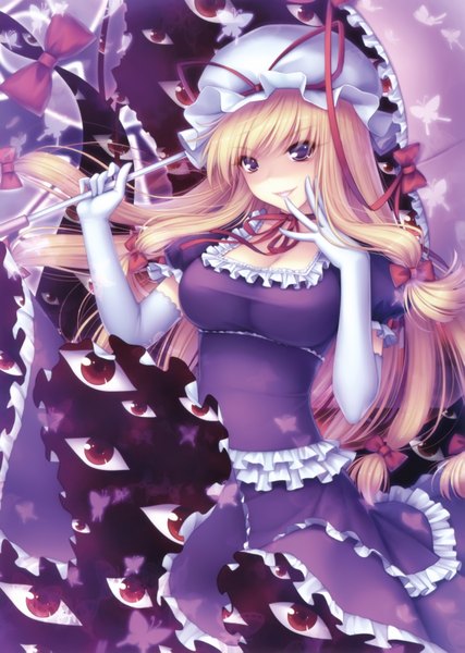 Anime picture 2347x3295 with touhou yakumo yukari sayori tall image highres blonde hair smile purple eyes double exposure girl gloves bow ribbon (ribbons) hat elbow gloves insect butterfly
