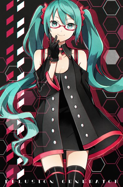 Anime picture 598x907 with vocaloid hatsune miku buzz single long hair tall image looking at viewer fringe breasts hair between eyes large breasts standing twintails bare shoulders cleavage aqua eyes aqua hair inscription wide sleeves zettai ryouiki