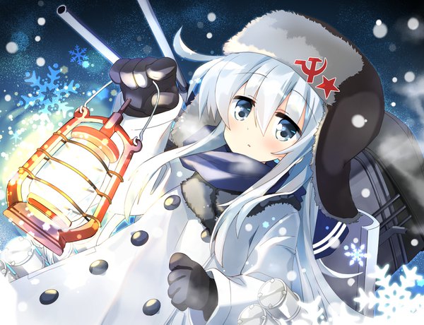 Anime picture 2000x1535 with kantai collection hibiki destroyer verniy destroyer hizuki yayoi single long hair blush fringe highres blue eyes hair between eyes holding looking away silver hair dutch angle fur trim snowing double buttons hammer and sickle girl