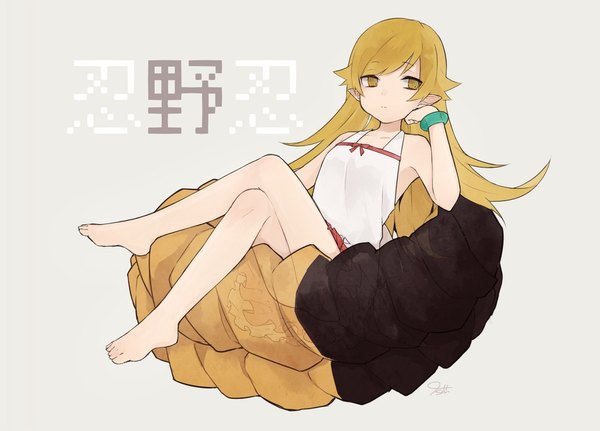 Anime picture 1024x737 with bakemonogatari shaft (studio) monogatari (series) oshino shinobu tkg (4 nm) single long hair simple background blonde hair sitting yellow eyes looking away full body barefoot pointy ears grey background arm support character names crossed legs girl