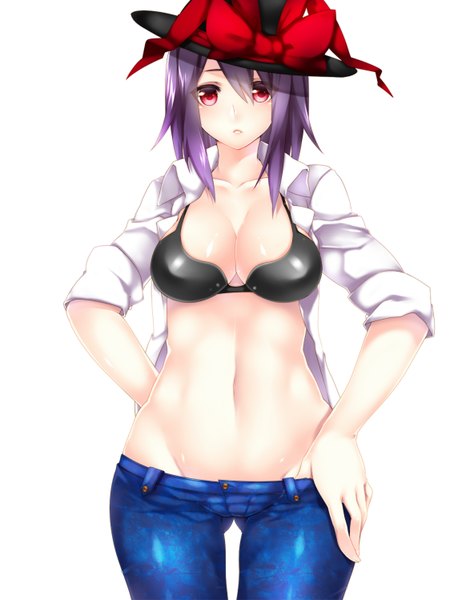 Anime picture 1123x1497 with touhou nagae iku yutazou single tall image short hair breasts light erotic simple background red eyes white background purple hair open clothes midriff open shirt girl navel bow hat