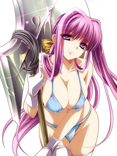 Anime picture 1200x1600 with original moneti (daifuku) single long hair tall image breasts light erotic simple background white background purple eyes purple hair girl thighhighs gloves weapon swimsuit bikini white thighhighs axe