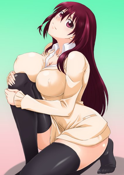 Anime picture 1000x1414 with saki matsumi kuro kurogane (artist) single long hair tall image breasts light erotic large breasts purple eyes purple hair legs covered nipples girl thighhighs black thighhighs sweater