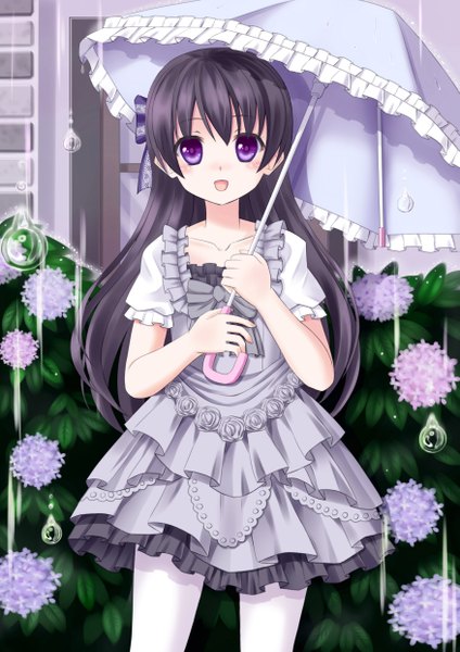 Anime picture 1753x2480 with original ikeda yuuki (artist) long hair tall image blush highres open mouth black hair purple eyes rain girl dress flower (flowers) umbrella hydrangea