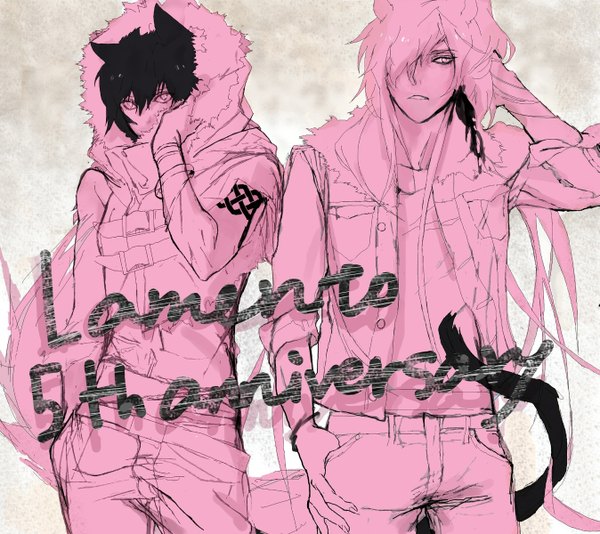 Anime picture 1347x1200 with lamento nitro+chiral rai asato tagme (artist) long hair fringe short hair black hair standing animal ears pink hair pink eyes cat ears hair over one eye inscription multiple boys cat tail tattoo couple