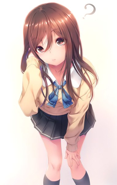 Anime picture 763x1200 with original rezi single long hair tall image looking at viewer simple background hair between eyes brown hair white background brown eyes head tilt hand on knee ? girl skirt uniform school uniform miniskirt socks