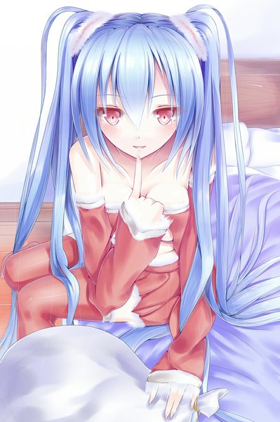 Anime picture 786x1182 with vocaloid hatsune miku isshiki (ffmania7) single tall image looking at viewer blush sitting bare shoulders blue hair very long hair pink eyes finger to mouth girl thighhighs detached sleeves