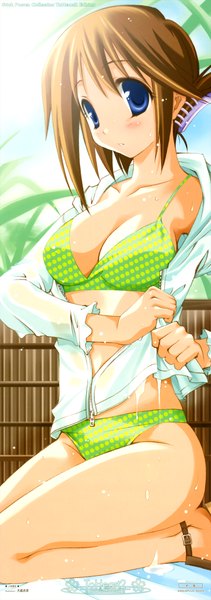 Anime picture 1059x3000 with to heart 2 to heart leaf (studio) komaki manaka inui sekihiko single tall image blush short hair breasts blue eyes light erotic brown hair wet wet clothes folded ponytail wringing clothes stick poster girl swimsuit