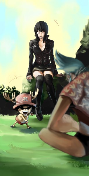 Anime picture 927x1824 with one piece toei animation nico robin tony tony chopper franky iridori tall image fringe short hair open mouth black hair blue hair eyes closed from behind laughing girl boy plant (plants) hat animal