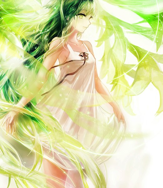 Аниме картинка 1000x1153 с saya no uta nitroplus saya (saya no uta) juexing (moemoe3345) один (одна) высокое изображение зелёные глаза смотрит в сторону очень длинные волосы зелёные волосы девушка платье лента (ленты) растение (растения) белое платье сарафан