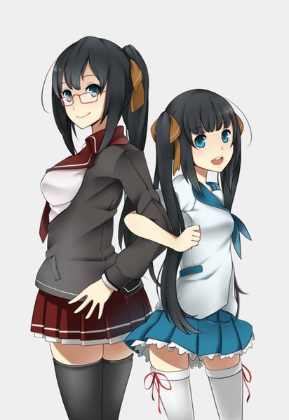 Anime picture 2031x2952 with original chenang11 long hair tall image looking at viewer highres open mouth blue eyes black hair smile white background twintails multiple girls ponytail girl thighhighs skirt uniform black thighhighs 2 girls