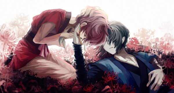 Anime picture 1224x659 with akatsuki no yona studio pierrot yona (akatsuki no yona) hak (akatsuki no yona) sayokariko fringe short hair black hair wide image red hair lying traditional clothes profile hair over one eye kneeling looking down wavy hair crying hand on another's face princess