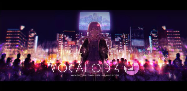 Anime picture 1920x938 with vocaloid voiceroid yuzuki yukari inabi long hair looking at viewer highres wide image standing twintails purple eyes purple hair outdoors blurry night open jacket night sky copyright name character names floating hair