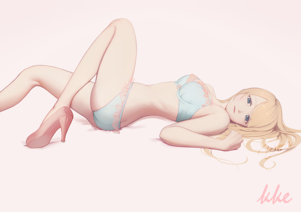 Anime picture 900x635 with love live! school idol project sunrise (studio) love live! ayase eli bon-da single long hair open mouth blue eyes light erotic blonde hair white background signed lying underwear only girl underwear panties shoes lingerie