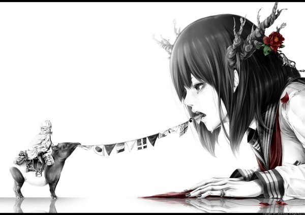 Anime picture 3507x2479 with original bouno satoshi highres short hair black hair absurdres profile horn (horns) black eyes monochrome letterboxed girl flower (flowers) animal serafuku flag string of flags tapir