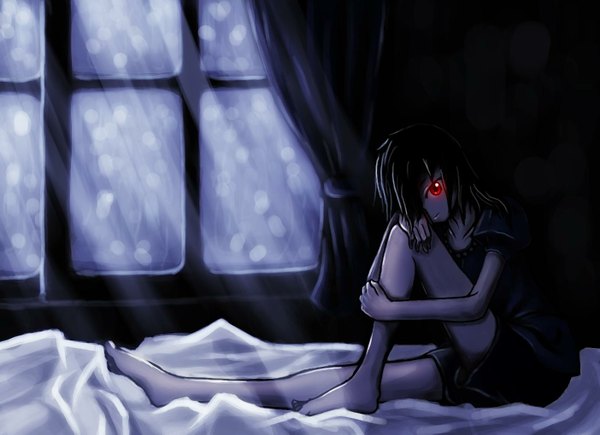 Anime picture 1403x1019 with original samael single long hair looking at viewer fringe black hair red eyes barefoot light smile hair over one eye girl shirt window bed