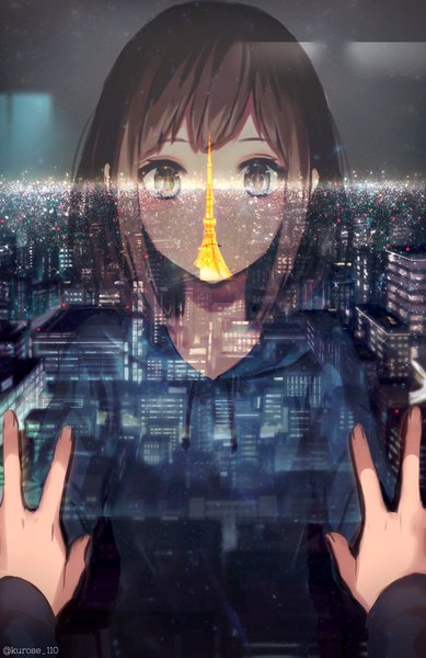Anime picture 1328x2048 with original ria (akl14) single tall image fringe short hair brown hair brown eyes signed sky upper body indoors long sleeves parted lips night sparkle night sky twitter username city reflection