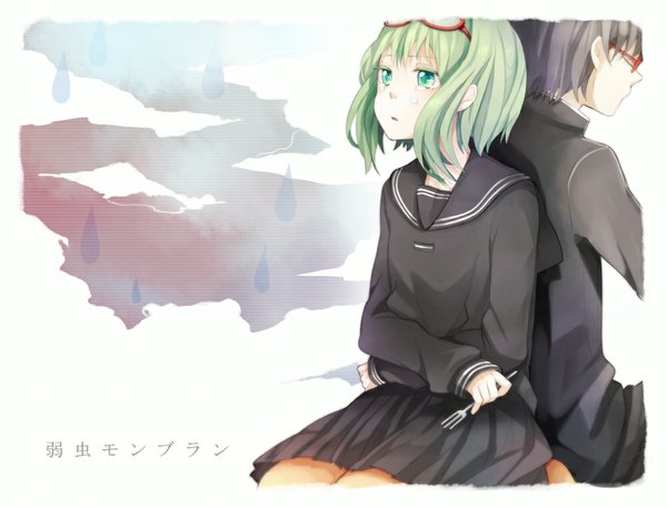 Anime picture 1000x761 with vocaloid yowamushi mont-blanc (vocaloid) gumi tama (songe) short hair black hair sitting green eyes eyes closed green hair couple tears hieroglyph rain back to back girl boy pantyhose glasses serafuku