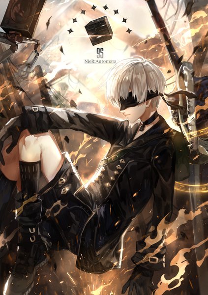 Anime picture 1398x1983 with nier nier:automata yorha no. 9 type s tsugutoku single tall image short hair white hair profile copyright name character names glowing hand on knee blindfold destruction boy weapon sword socks shorts