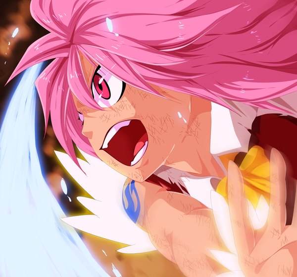 Anime picture 5000x4650 with fairy tail wendy marvell tongasart single long hair highres open mouth pink hair absurdres pink eyes tattoo coloring torn clothes magic angry battle girl bowtie