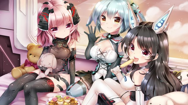 Anime picture 1920x1080 with original mvv long hair looking at viewer fringe highres short hair open mouth light erotic black hair hair between eyes red eyes wide image multiple girls yellow eyes blue hair pink hair girl thighhighs dress