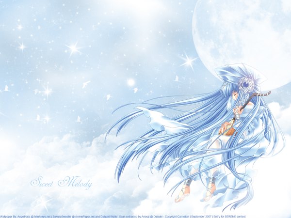 Anime picture 1280x960 with moldavite mistrel (moldavite) amamiya poran angelkate single sitting signed blue hair cloud (clouds) full body eyes closed very long hair profile wallpaper third-party edit playing instrument girl star (stars) musical instrument