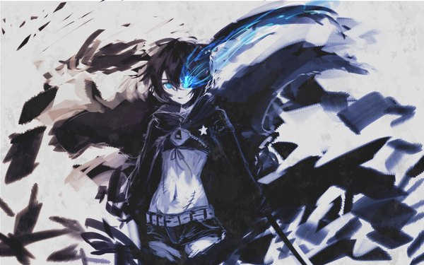 Anime picture 1920x1200 with black rock shooter black rock shooter (character) sola7764 single long hair looking at viewer highres blue eyes black hair wide image twintails wind glowing scar glowing eye (eyes) girl navel weapon sword shorts