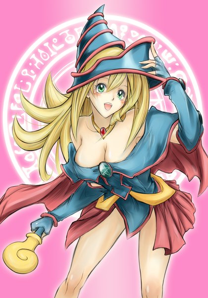 Anime picture 1224x1748 with yu-gi-oh! dark magician girl lancer0519 single long hair tall image looking at viewer blush open mouth light erotic blonde hair smile bare shoulders green eyes legs magic pink background girl headdress staff