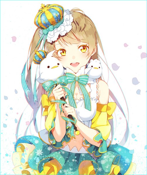 Anime picture 800x954 with love live! school idol project sunrise (studio) love live! minami kotori hakusai (tiahszld) long hair tall image fringe open mouth brown hair bare shoulders yellow eyes teeth bare belly one side up striped snowflake print skirt navel bow