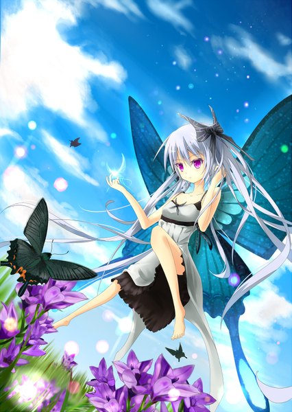 Anime picture 2529x3559 with original makadamia single long hair tall image highres purple eyes silver hair cloud (clouds) insect wings butterfly wings girl dress hair ornament flower (flowers) butterfly hair ornament