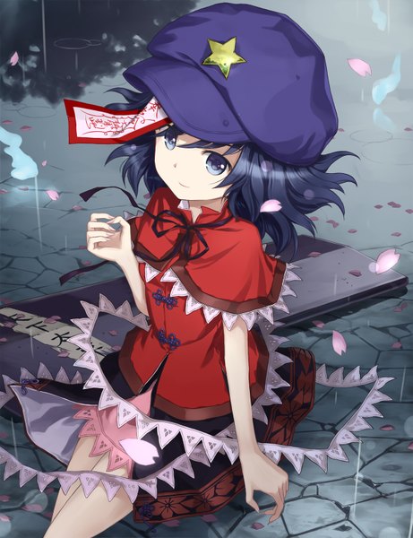 Anime picture 1200x1560 with touhou miyako yoshika tucana single tall image looking at viewer short hair blue eyes blue hair fingernails light smile looking up rain long fingernails girl petals star (symbol) flat cap