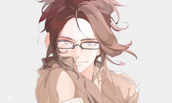 Anime picture 1280x768 with shingeki no kyojin production i.g hange zoe kiu single looking at viewer simple background smile brown hair wide image brown eyes wind grey background portrait girl glasses