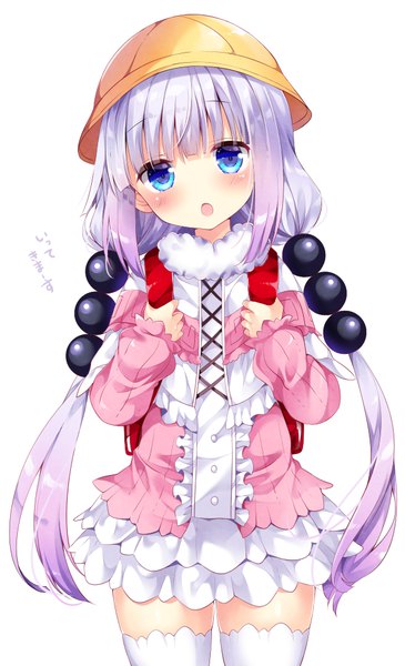 Anime picture 600x984 with kobayashi-san chi no maidragon kyoto animation kanna kamui nogi takayoshi single long hair tall image looking at viewer blush fringe open mouth blue eyes simple background white background twintails payot purple hair blunt bangs head tilt :o